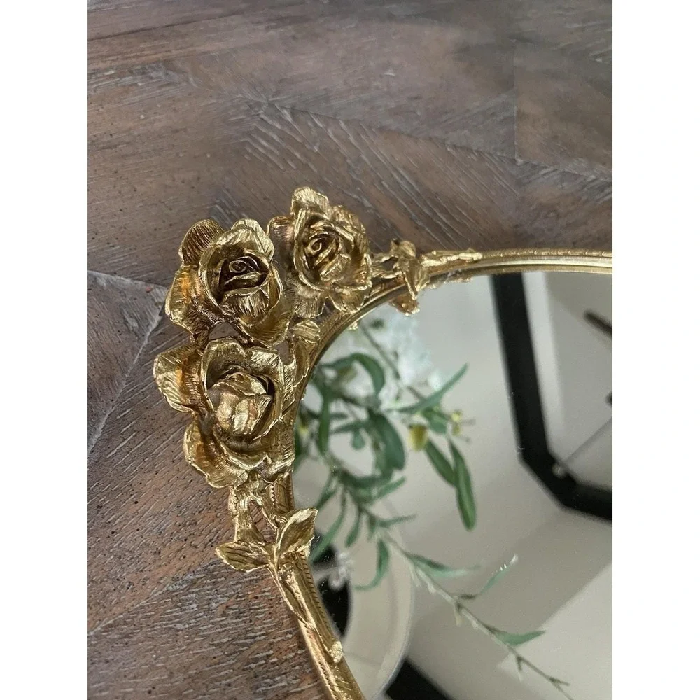 Vtg Stylebuilt Gold Ormolu Vanity Mirror Oval Tray Rose Handle Hollywood Regency